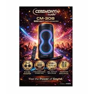 Ceremony Audio CM-308 Taşınabilir Bluetooth Parti Hoparlör 2x8 Inç Woofer 300WATT Tws Disco Lights