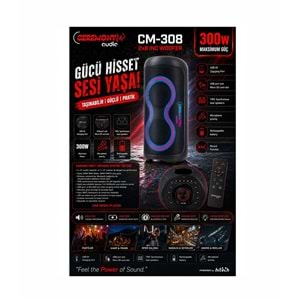 Ceremony Audio CM-308 Taşınabilir Bluetooth Parti Hoparlör 2x8 Inç Woofer 300WATT Tws Disco Lights