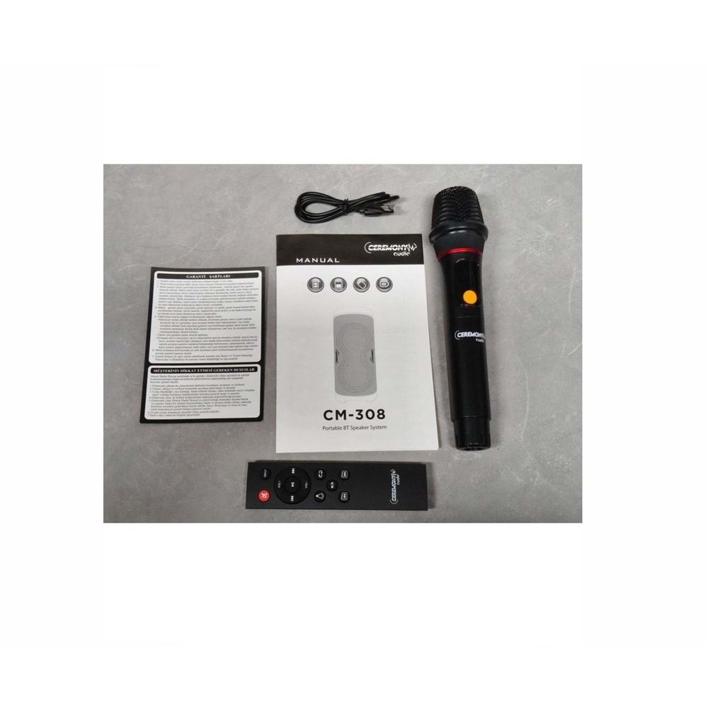 Ceremony Audio CM-308 Taşınabilir Bluetooth Parti Hoparlör 2x8 Inç Woofer 300WATT Tws Disco Lights