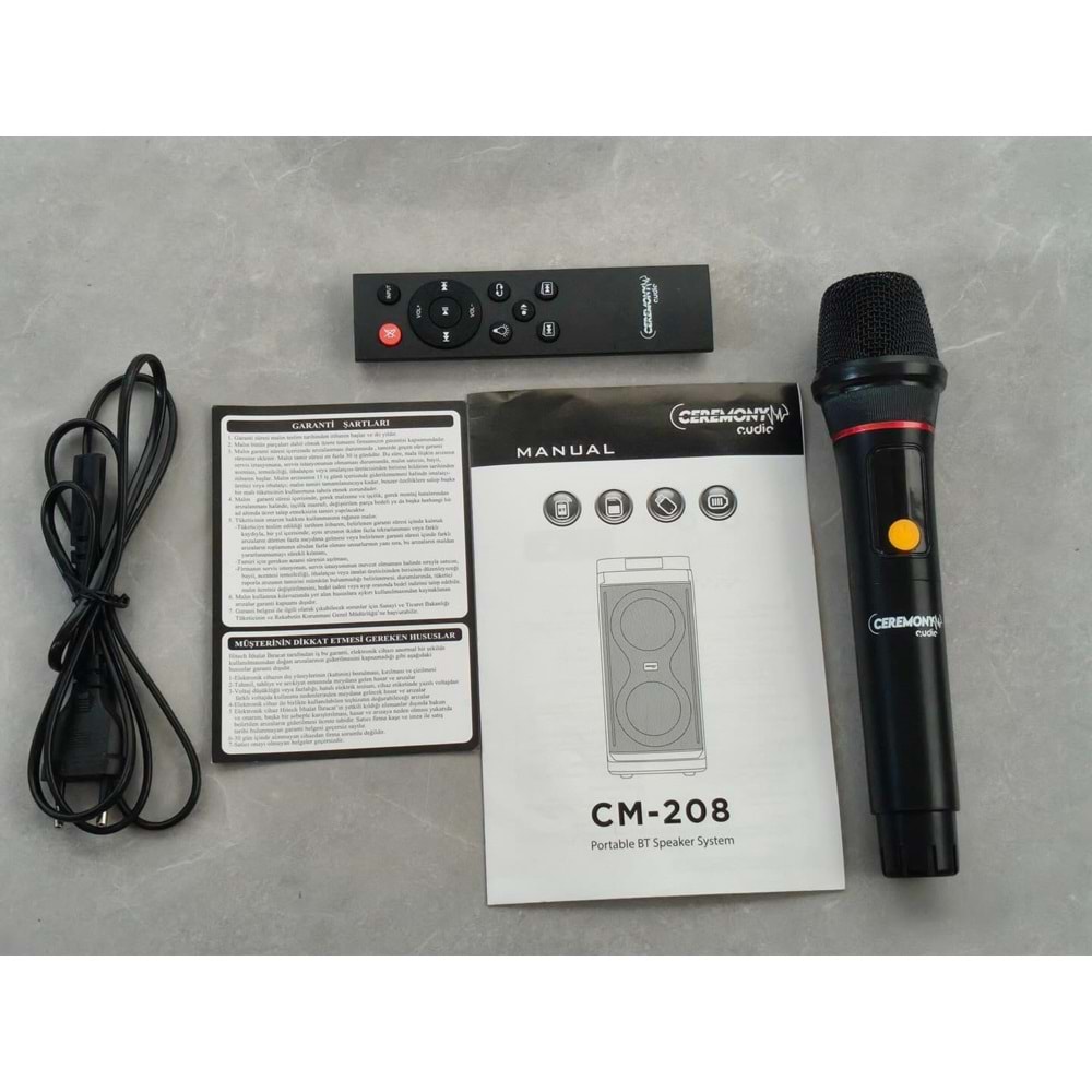 Ceremony Audio CM-208 Taşınabilir Bluetooth Parti Hoparlör 2x8 Inç Woofer 400WATT Tws Disco Lights
