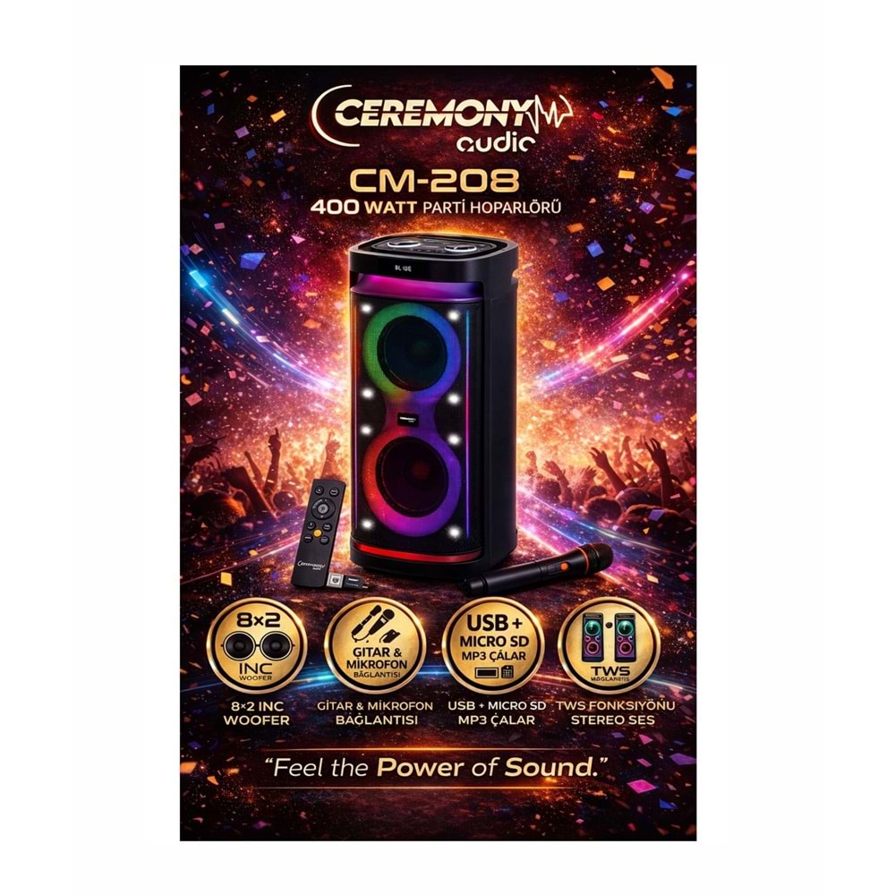 Ceremony Audio CM-210 Taşınabilir Bluetooth Parti Hoparlör 2X10 Inç Woofer 600WATT Tws Disco Lights