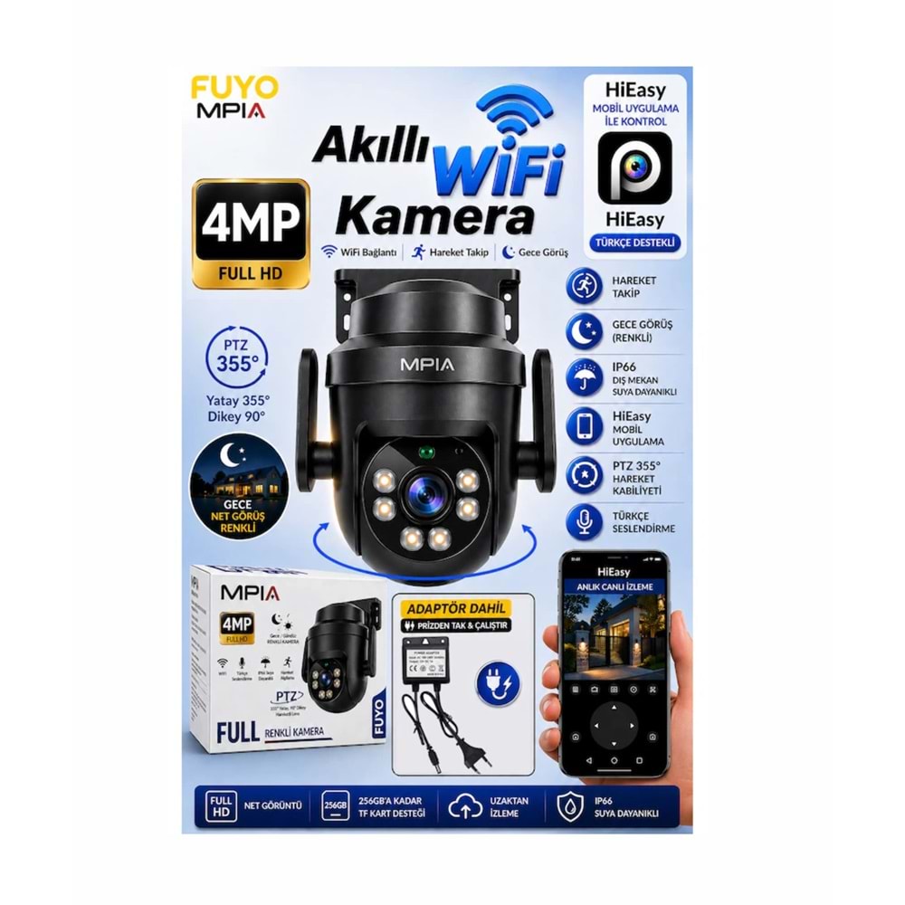 Mpia FUYO Wifi 4mp Full hd Ptz Akıllı Güvenlik Kamerası Hieasy Gece Görüş Sesli Kişi Takibi + 12V Adaptör
