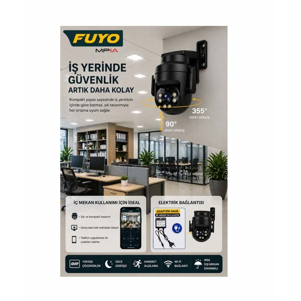 Mpia FUYO Wifi 4mp Full hd Ptz Akıllı Güvenlik Kamerası Hieasy Gece Görüş Sesli Kişi Takibi + 12V Adaptör