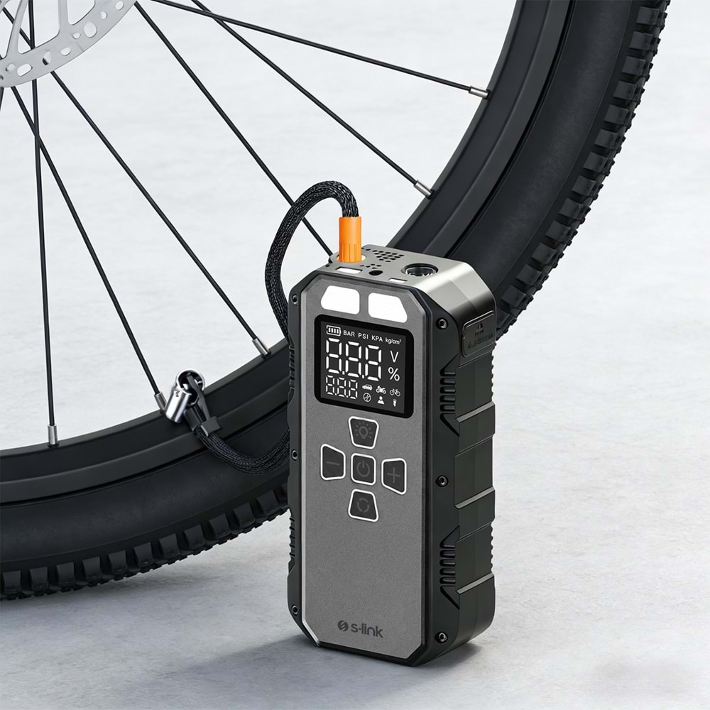S-Link AKT2027 Koyu Gri 8000mAh 150 Psi 4 in1 Powerbank+ LED IşıkLastik Sisirme Ve Akü Takviye cihazı