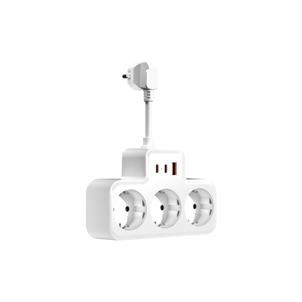 S-link PRZ07 Beyaz 3 Soketli 15mm 1 Usb 2 Type-C PD20W 1050 JouleTam Bakır Kablolu Akım Korumalı Priz