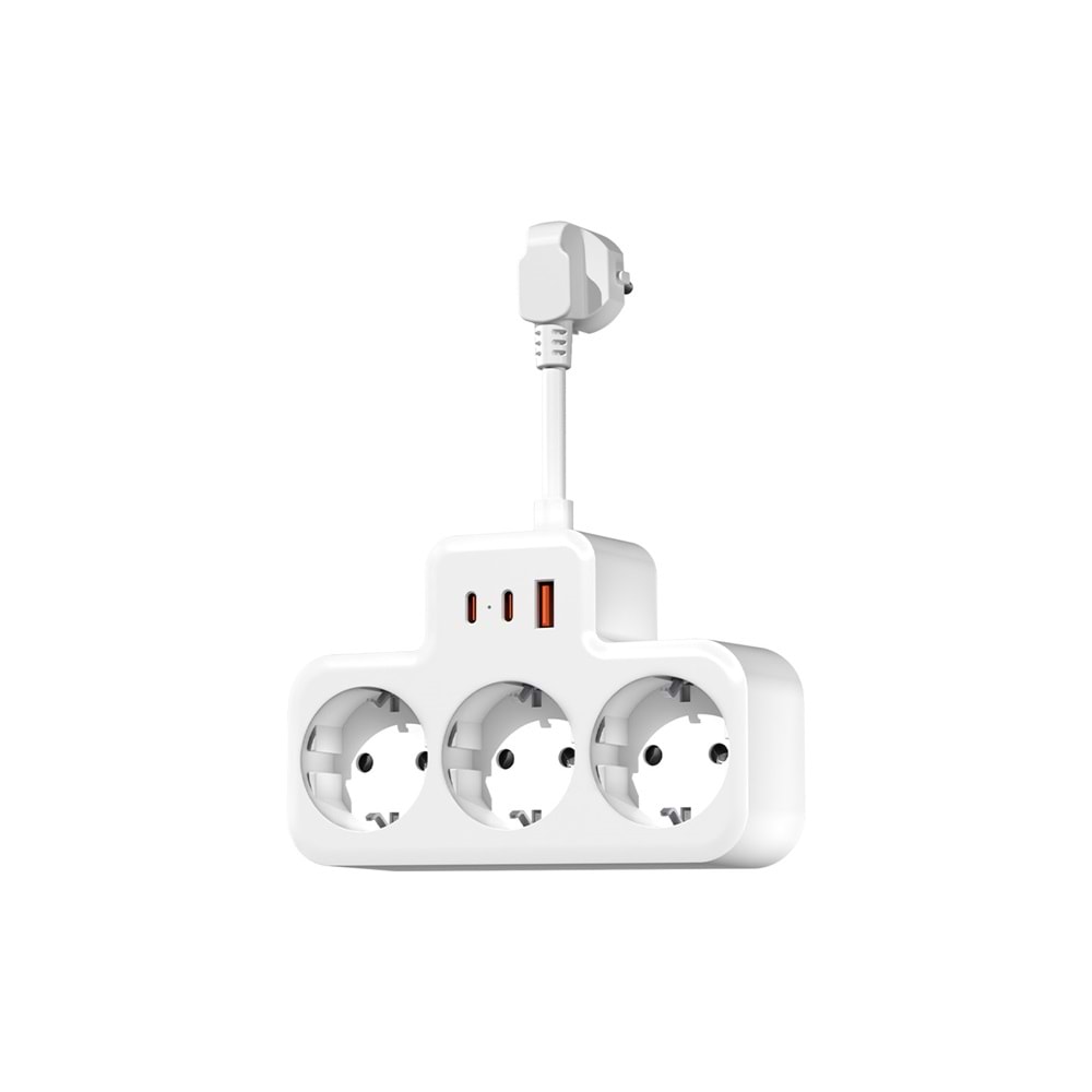 S-link PRZ07 Beyaz 3 Soketli 15mm 1 Usb 2 Type-C PD20W 1050 JouleTam Bakır Kablolu Akım Korumalı Priz