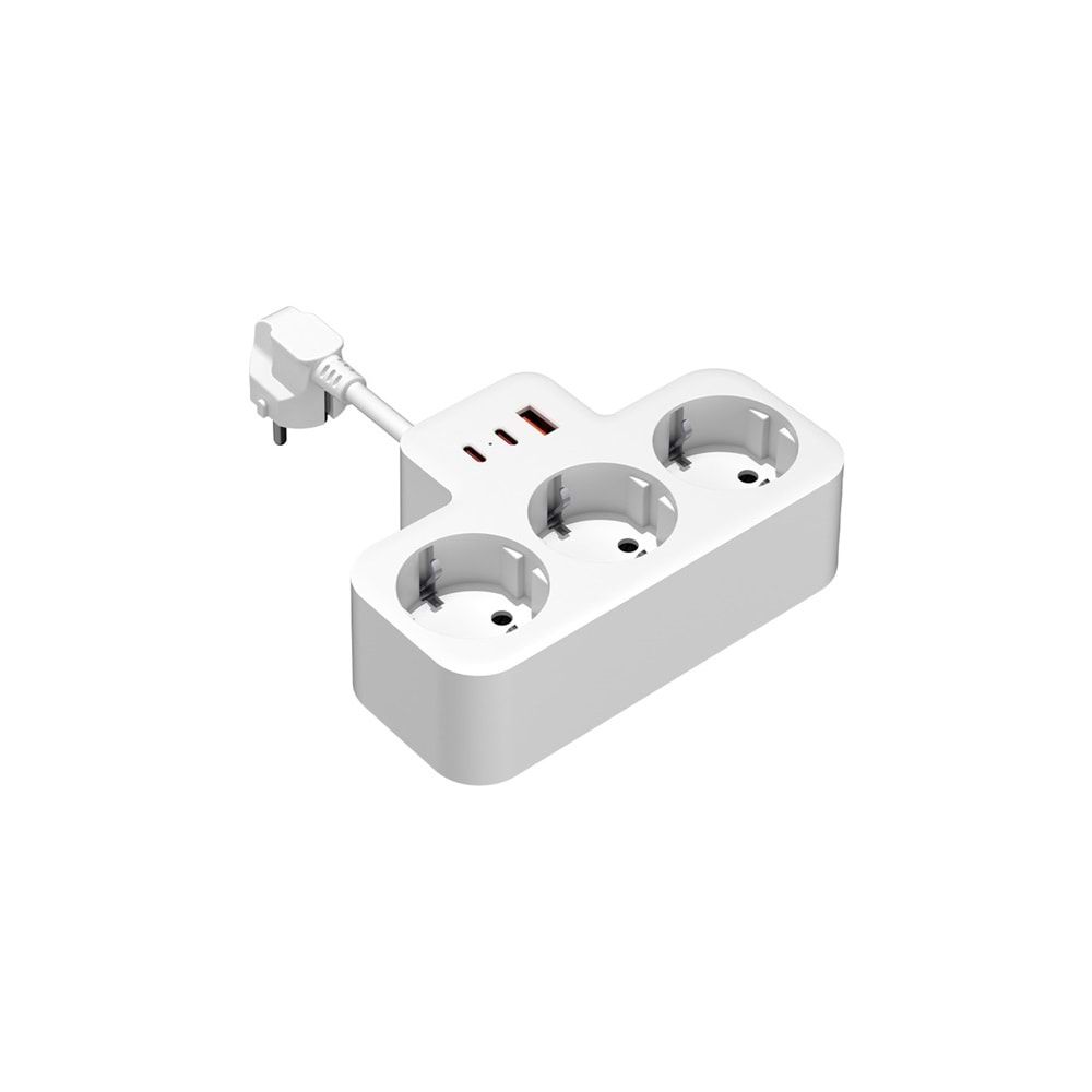 S-link PRZ07 Beyaz 3 Soketli 15mm 1 Usb 2 Type-C PD20W 1050 JouleTam Bakır Kablolu Akım Korumalı Priz