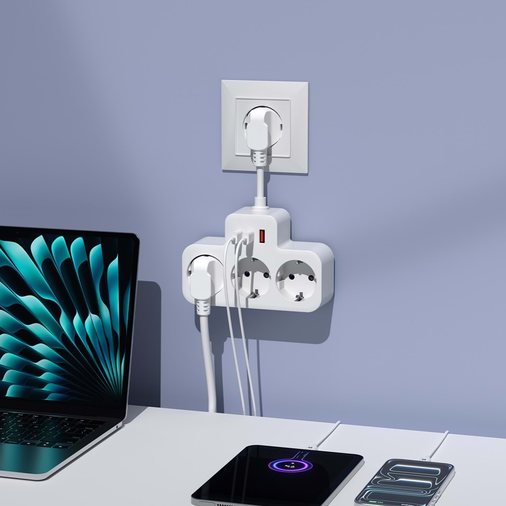 S-link PRZ07 Beyaz 3 Soketli 15mm 1 Usb 2 Type-C PD20W 1050 JouleTam Bakır Kablolu Akım Korumalı Priz