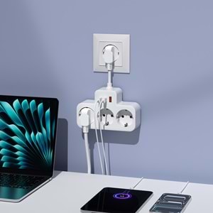 S-link PRZ07 Beyaz 3 Soketli 15mm 1 Usb 2 Type-C PD20W 1050 JouleTam Bakır Kablolu Akım Korumalı Priz