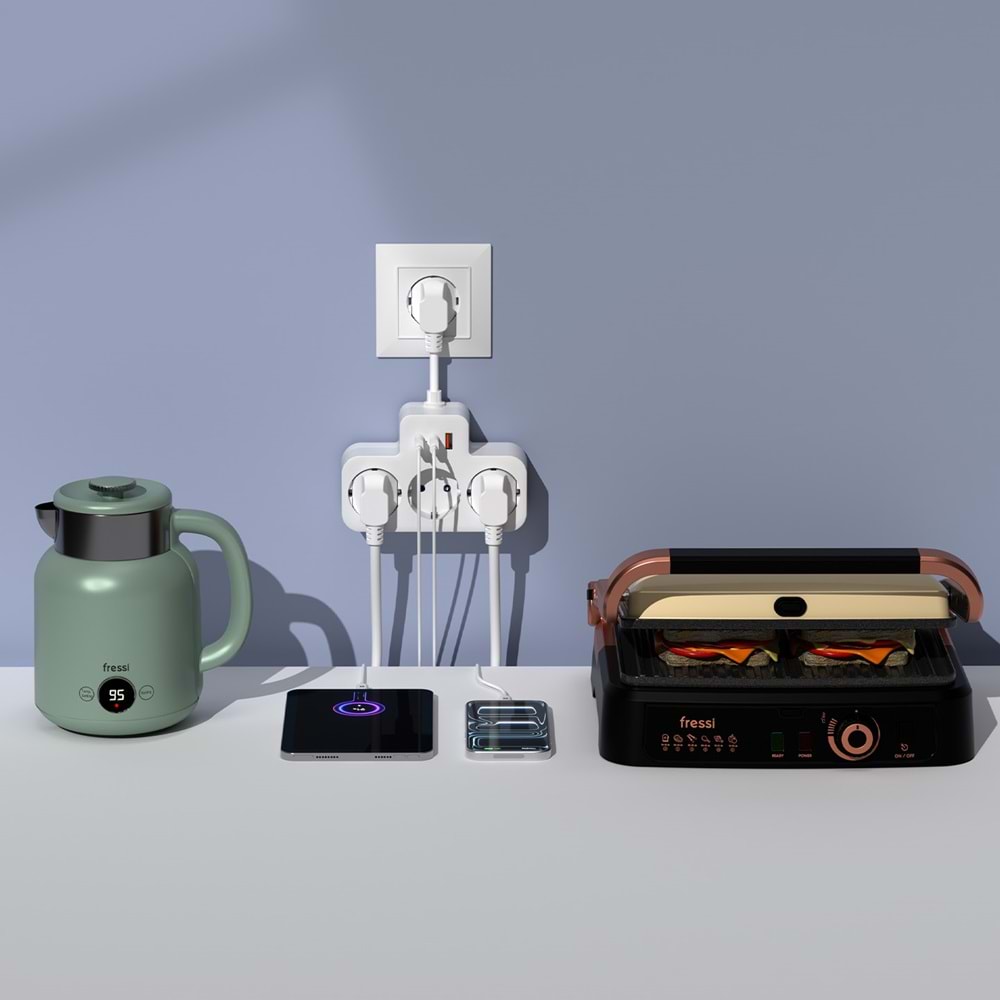 S-link PRZ07 Beyaz 3 Soketli 15mm 1 Usb 2 Type-C PD20W 1050 JouleTam Bakır Kablolu Akım Korumalı Priz