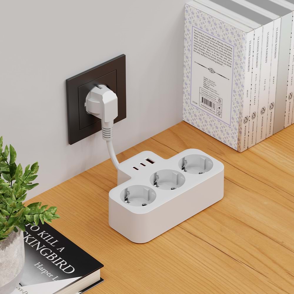 S-link PRZ07 Beyaz 3 Soketli 15mm 1 Usb 2 Type-C PD20W 1050 JouleTam Bakır Kablolu Akım Korumalı Priz