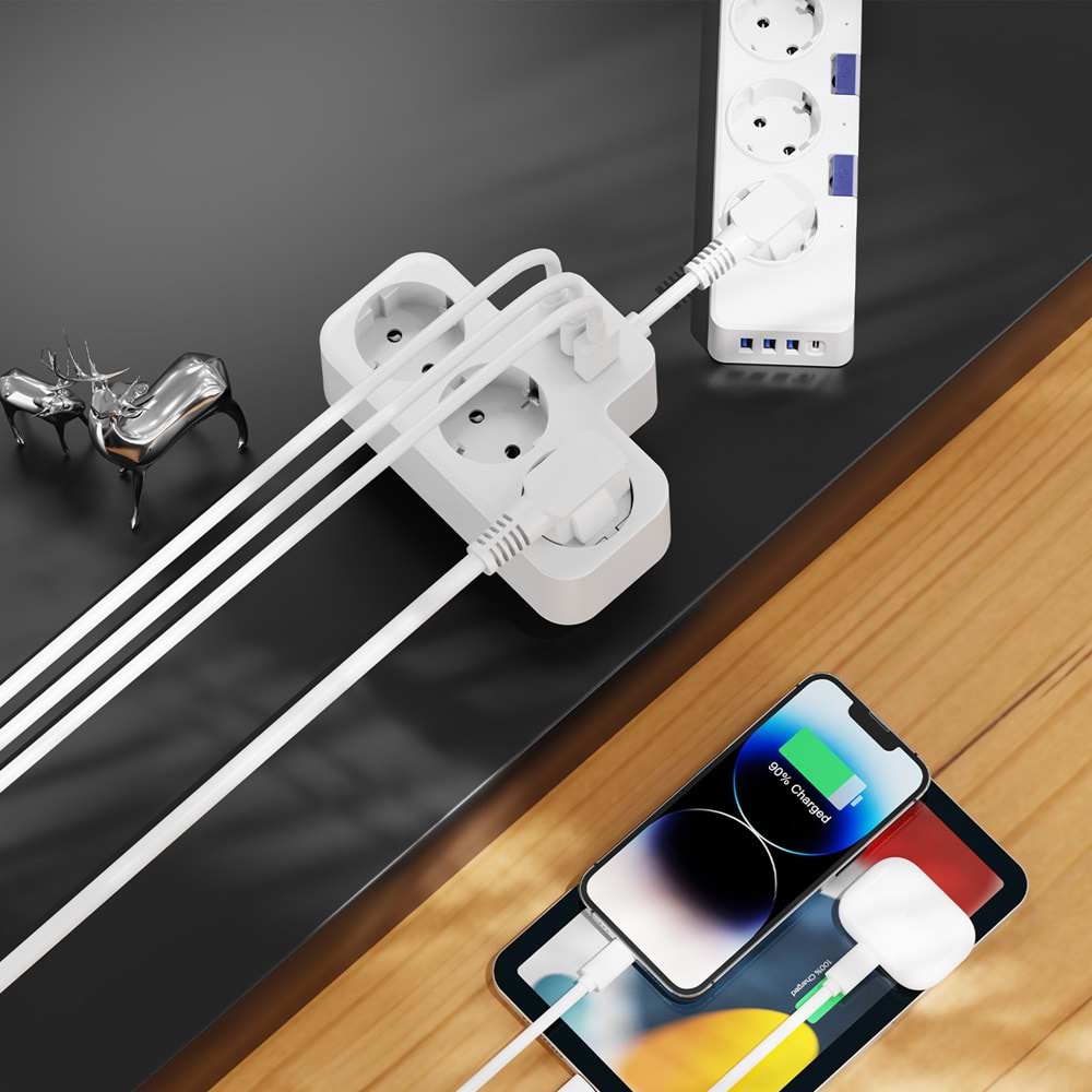 S-link PRZ07 Beyaz 3 Soketli 15mm 1 Usb 2 Type-C PD20W 1050 JouleTam Bakır Kablolu Akım Korumalı Priz