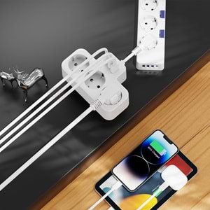 S-link PRZ07 Beyaz 3 Soketli 15mm 1 Usb 2 Type-C PD20W 1050 JouleTam Bakır Kablolu Akım Korumalı Priz