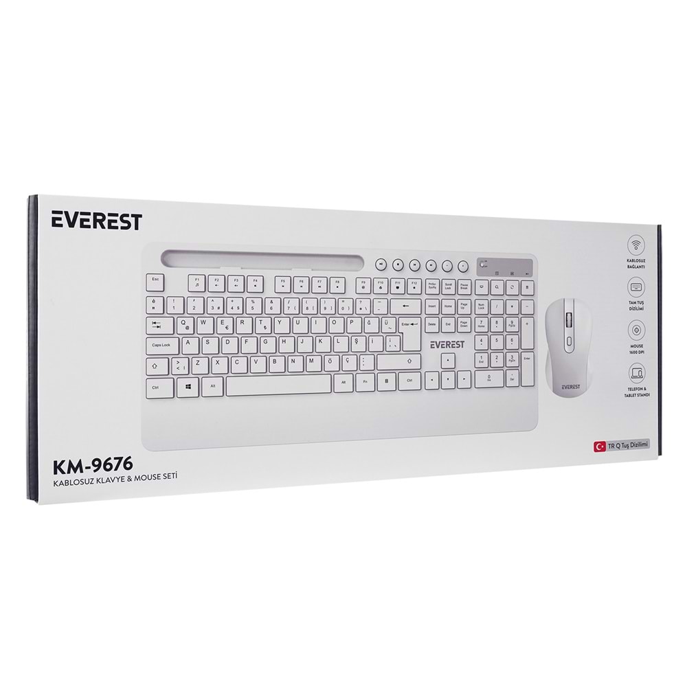 Everest KM-9676 Beyaz Multimedya Tablet-Telefon Standlı Klavye + Mouse Set