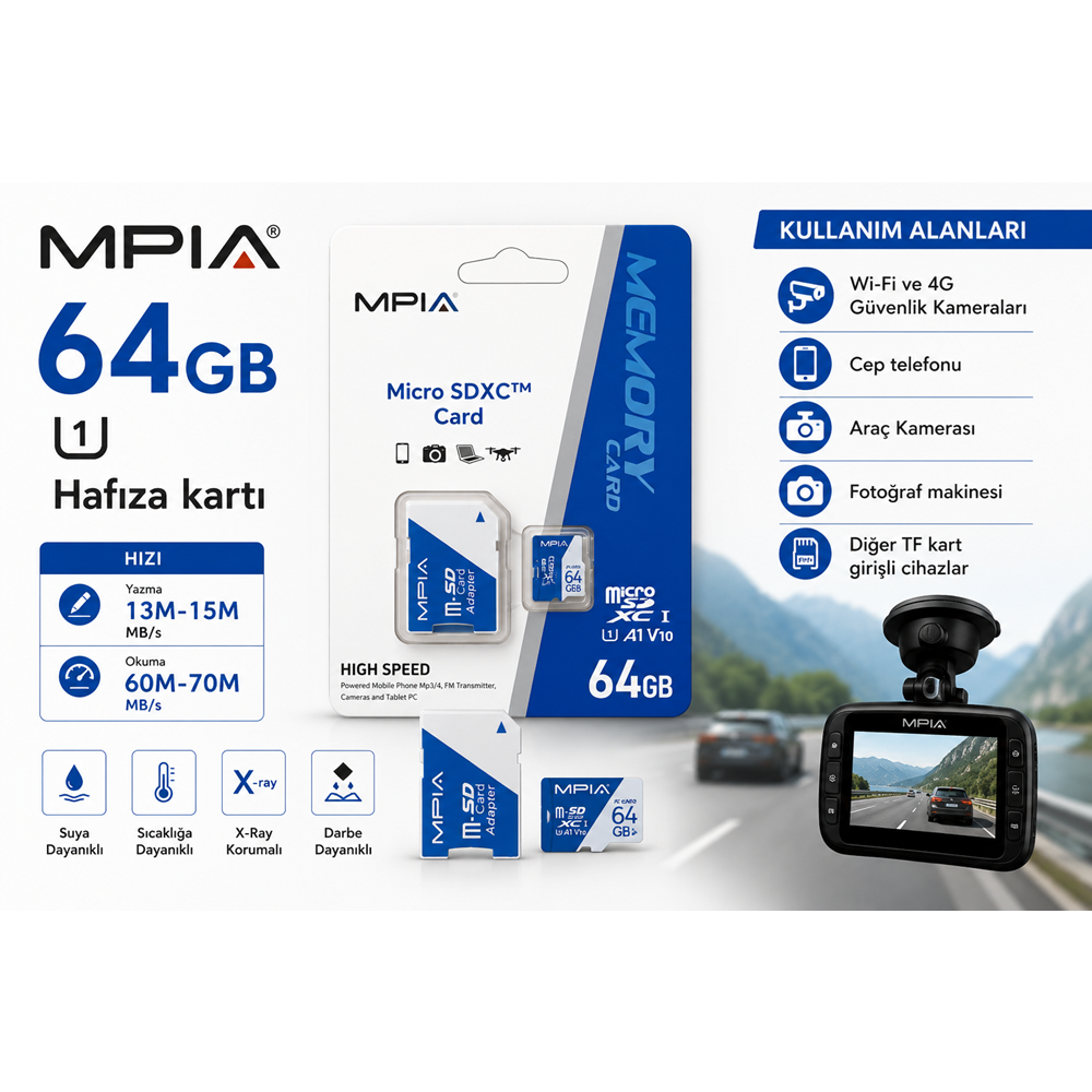 Mpıa 64 GB High Speed 64GB TF Kart & SD Adaptör