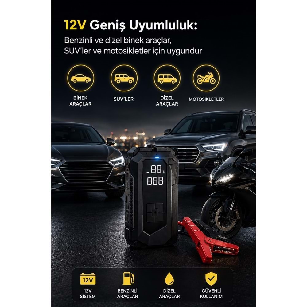 Portable Q18B 18.000 mAh Akü Takviye Cihazı & Hava Kompresörü