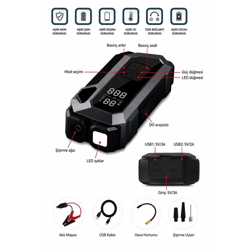 Portable Q18B 18.000 mAh Akü Takviye Cihazı & Hava Kompresörü