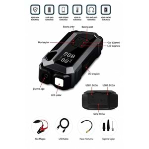Portable Q18B 18.000 mAh Akü Takviye Cihazı & Hava Kompresörü