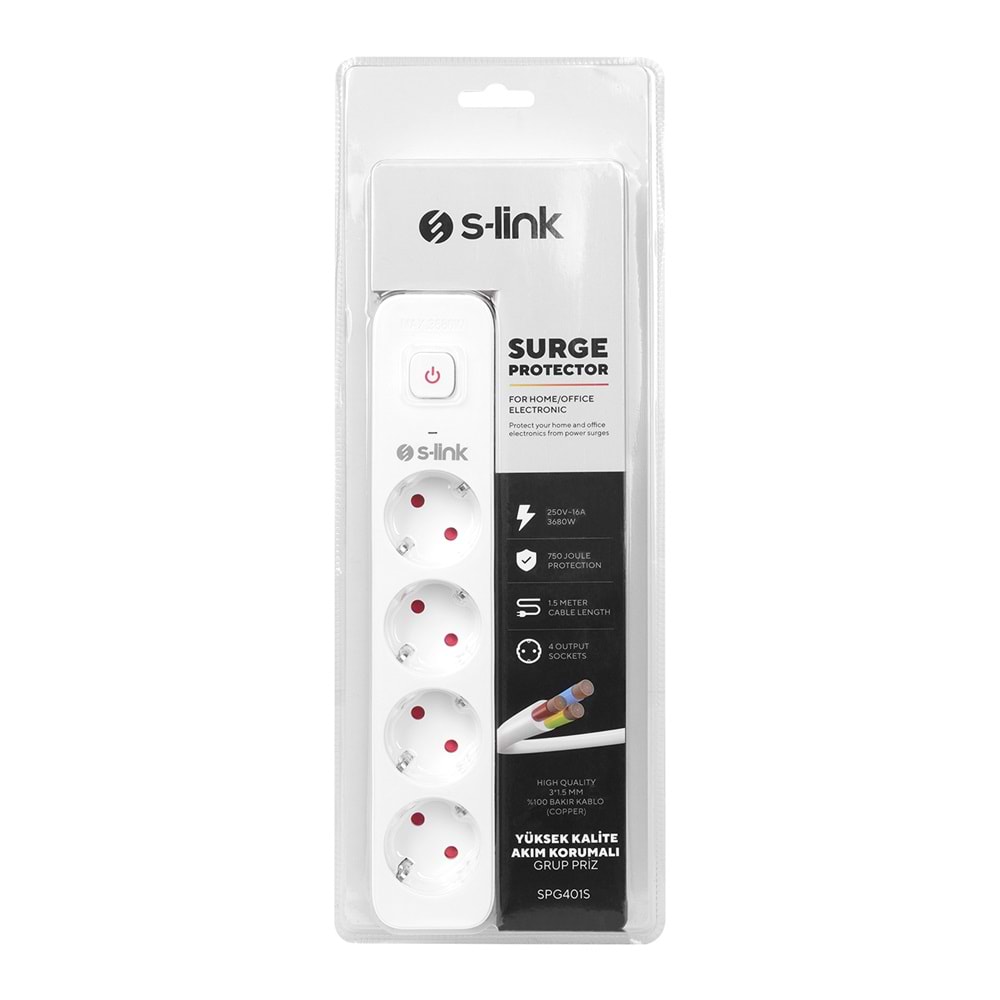S-link SPG401S 1.5m 1.5mm 100% Bakır 750 Joule 4 lü Anahtarlı Akım Korumalı Priz