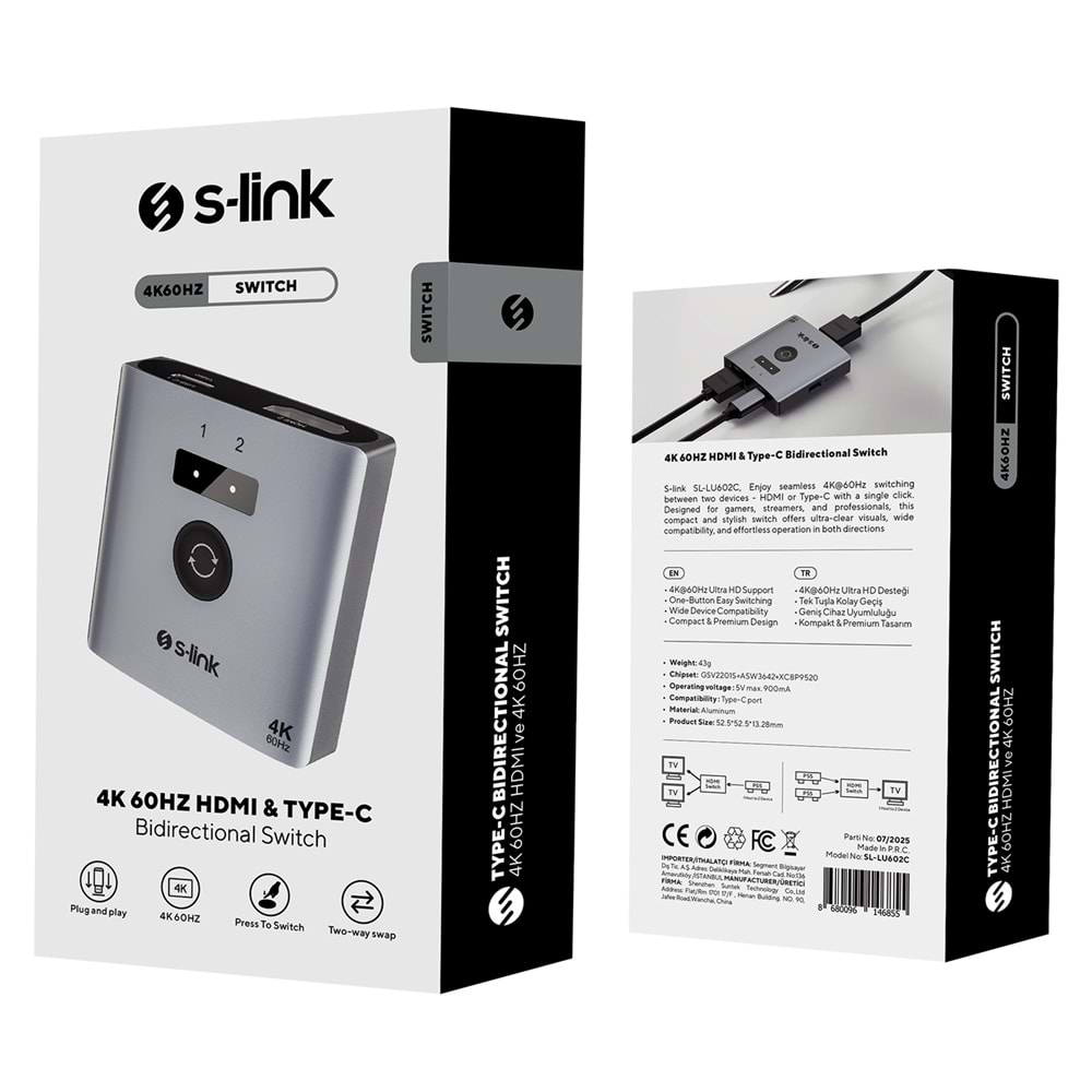 S-link SL-LU602 2 Port 4K 60HZ HDMI Çift Yönlü Switch