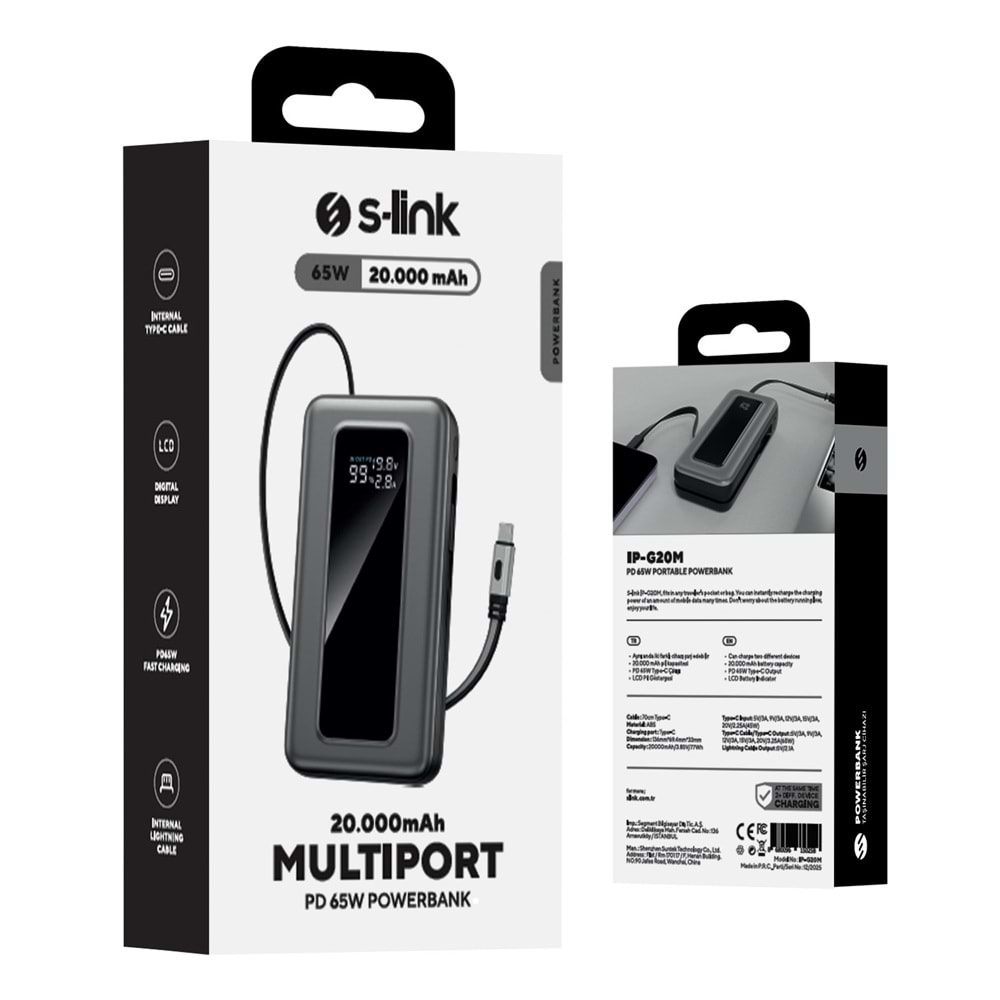 S-link IP-G20M 20000mAh PD65W Makaralı Siyah LCD Taşınabilir Pil Şarj Cihazı Powerbank