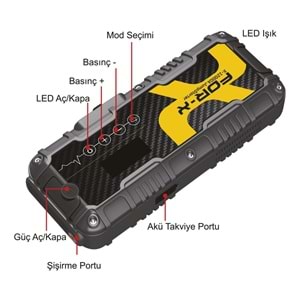 For-X X-12000A Powerbank Taşınabilir Şarjlı Jump Starter Lastik Şişirici Akü Takviyesi Şarj Seti