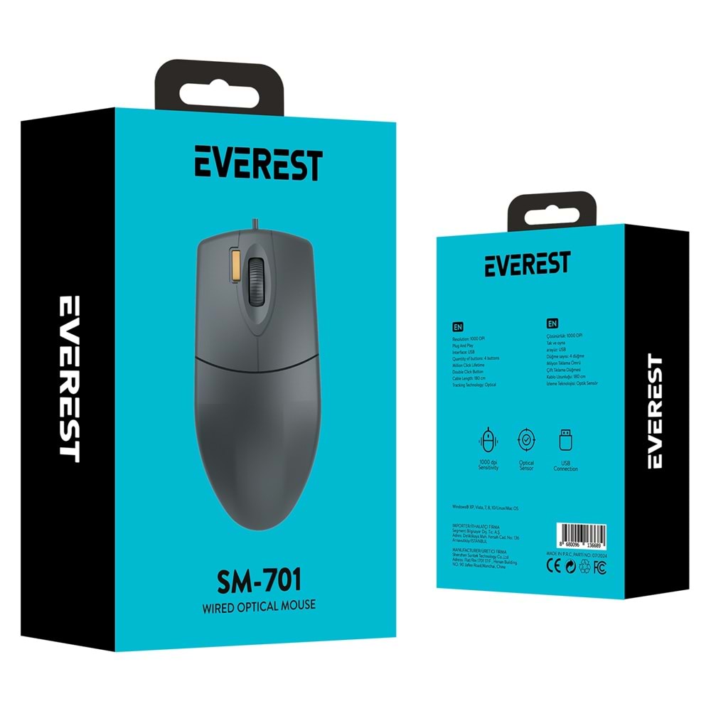 Everest SM-701 1.8MT Kablolu USB Siyah Optik Mouse