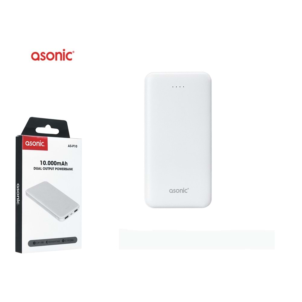 Asonic AS-P10 10000mAh 2*USB Output Powerbank Beyaz Taşınabilir Pil Şarj Cihazı