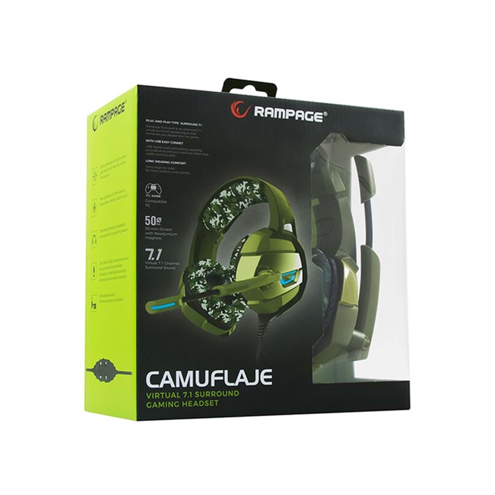 Rampage RM-K5 CAMUFLAJE Kamuflaj Renkli 7.1 Surround Sound System USB Mikrofonlu Oyuncu Kulaklığı