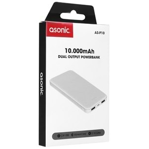 Asonic AS-P10 10000mAh 2*USB Output Powerbank Beyaz Taşınabilir Pil Şarj Cihazı